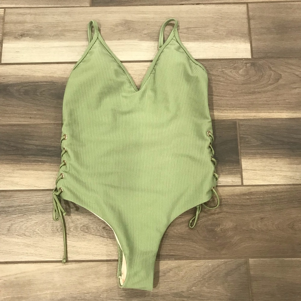 La Hearts Light Green Ribbed One-Piece Swimsuit